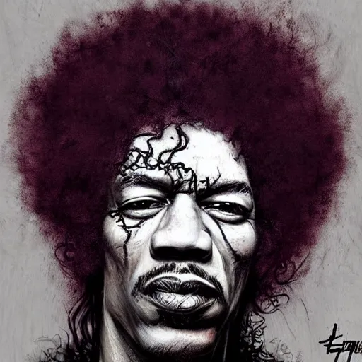 Image similar to surrealism grunge cartoon portrait sketch of Jimi Hendrix, by michael karcz, loony toons style, freddy krueger style, horror theme, detailed, elegant, intricate