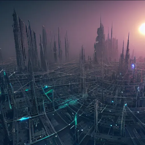 Image similar to photo of a futuristic city made of electronic components by hr giger and zdzislaw beksinski. Very detailed 8k. Unreal engine 5 render with nanite, global illustration and path tracing. Cinematic post processing.