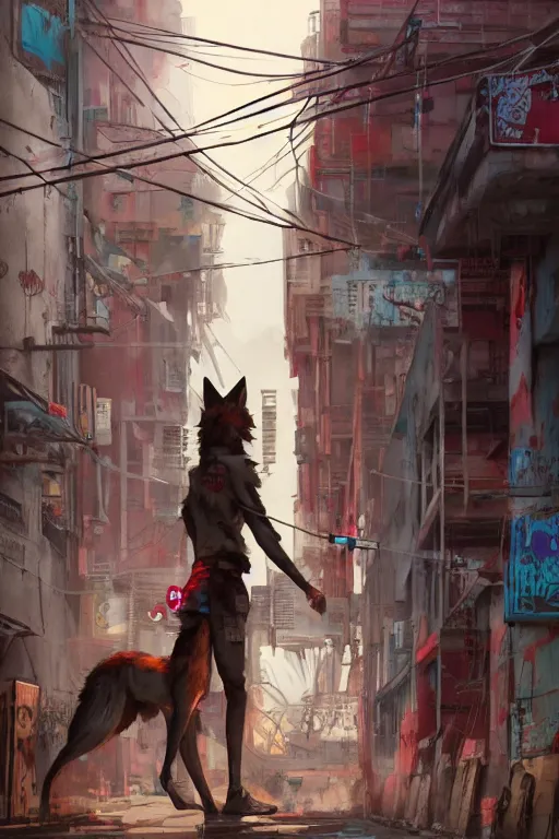 Image similar to graffiti of a red wolf with a mohawk, punk, banksy, brownstone wall, cyberpunk, by studio ghibli, makoto shinkai, by artgerm, by wlop, by greg rutkowski, volumetric lighting, octane render, 4 k resolution, trending on artstation, masterpiece