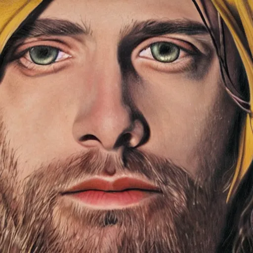 Prompt: Kurt Cobain as Jesus Christ, hyperrealism, detailed portrait