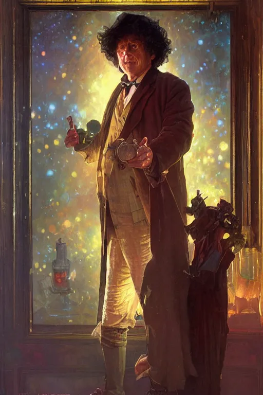 Image similar to The Fourth Doctor standing next to the TARDIS, portrait by Stanley Artgerm Lau, greg rutkowski, thomas kindkade, alphonse mucha, loish, norman Rockwell