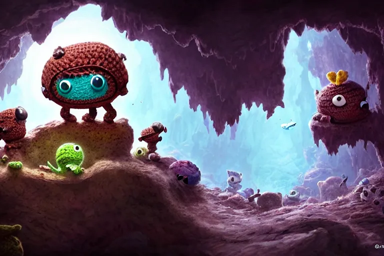 Prompt: a tattoo of an expedition of crochet cute monsters discovering a new cave underground. cute, illustration, digital art, inspired by little big planet, by greg rutkowski, detailed, sharp, masterpiece, highly detailed, photorealistic, octane render, 8 k, unreal engine 5, trending on artstation, vivid colors