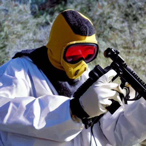 Prompt: a man wearing a hazmat suit holding an uzi 9mm, sunny day, Arriflex lens,