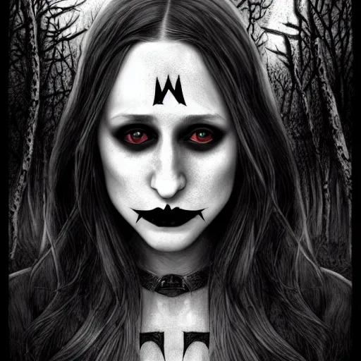 Image similar to gorgeous Taissa Farmiga witch evil smile, black lips, realistic character concept, full body shot, spooky, black magic, illustration, symmetrical face and body, realistic eyes, cinematic lighting, hyperdetailed, detailed realistic symmetrical eyes, cgsociety, high resolution, Charlie Bowater, single face, insanely detailed and intricate, beautiful, elegant, dark forest and trees