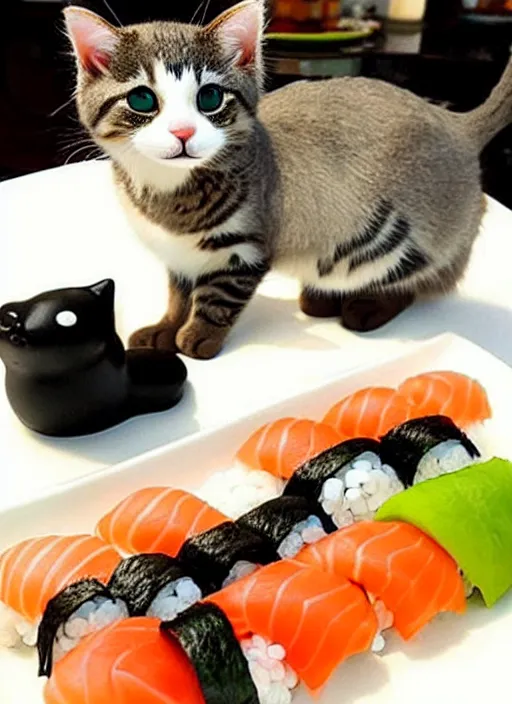 Image similar to clear photorealistic picture of adorable cats made out of sushi