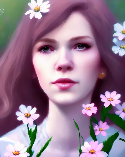 Prompt: candy clark surrounded by mist and pretty flowers, very detailed, realistic face, detailed face, matte, tonemapping, perfection, 4 k, cushart krenz, cinematic, atmospheric