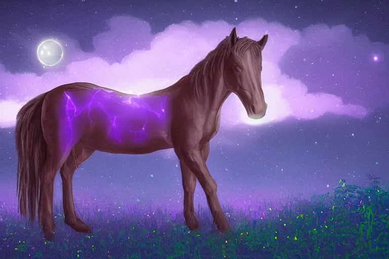 Image similar to a digital painting of a sad horse that's lost on an extraterrestrial planet, strange plants, purple lighting, night sky, glows,