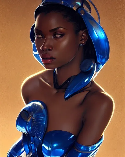 Image similar to Portrait of very very very very very very beautiful nigerian woman, spacesuit, blue eyes, real life skin, intricate, elegant, highly detailed, artstation, concept art, smooth, sharp focus, art by artgerm and greg rutkowski and alphonse mucha