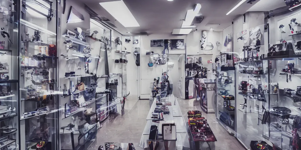Image similar to a photo of a clean alien sword shop, futuristic, holographic, 8k, sharp focus, fujifilm