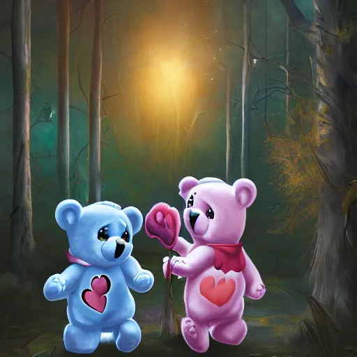 Image similar to demonic care bears in magical forest, dark atmosphere, high detail, soft lighting, 8 k