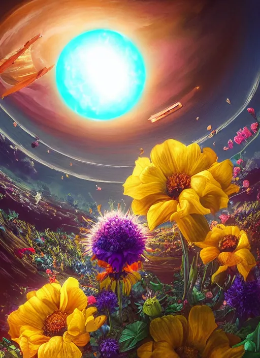 Image similar to An epic fantastic realism comic book style painting of the most beautiful flowers launched into space, bouquets, solar eclipse, fisheye, unreal 5, DAZ, hyperrealistic, octane render, dynamic lighting