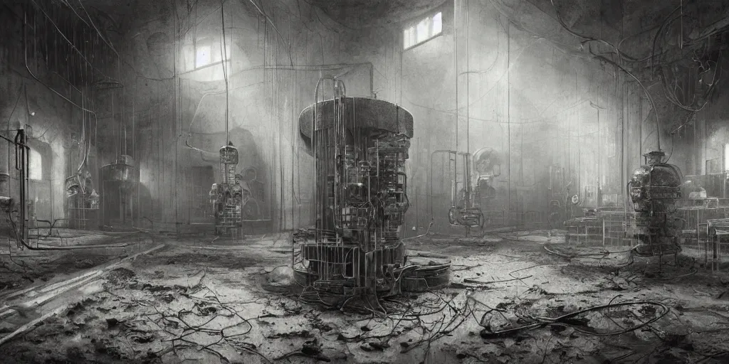 Image similar to abandoned laboratory with vacuum tube computers, early xx century technology, dark atmosphere, intricate, elegant, highly detailed, digital painting, artstation, concept art, smooth, sharp focus, octane render, dramatic lighting, volumetric lighting, cinematic lighting, art by zdzislaw beksinski and hans giger