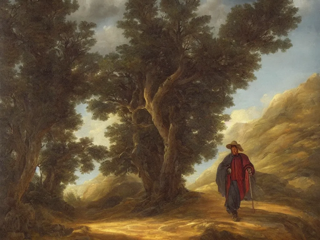 Prompt: a man in a grey cloak and brimmed hat with a staff travelling trough the mountains with trees in the style of neo-romanticism, very detailed, colorful, oil painting, clouds