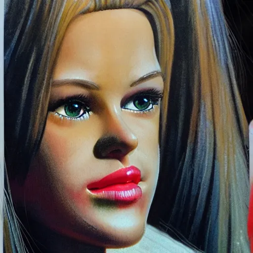 Image similar to detailed details photorealistic horror barbie doll in the style of bob peak and alex ross, gouache and wash paints color, detailed details facial and body and human and environments and proportionate, detailed 5 k details.