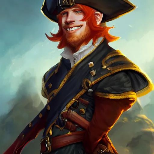 Image similar to dashing charming ginger grinning charismatic elf male rogue, wearing pirate captain's tricorne hat, naval background, amazing, trending on art station, artgerm, Greg rutkowski