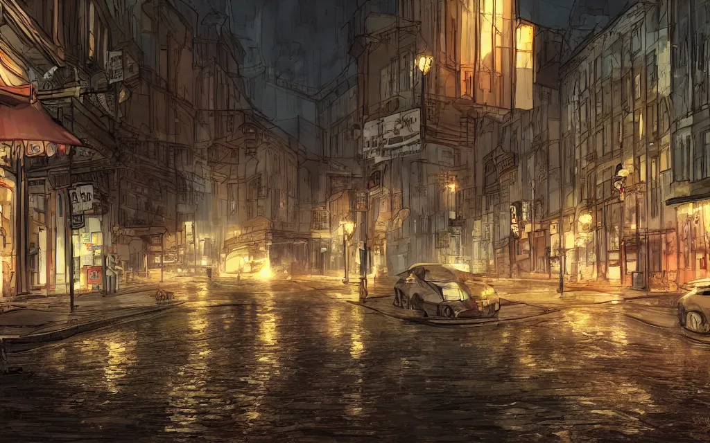 Prompt: concept art, wet helsinki street at night, in the style of grand theft auto gameplay