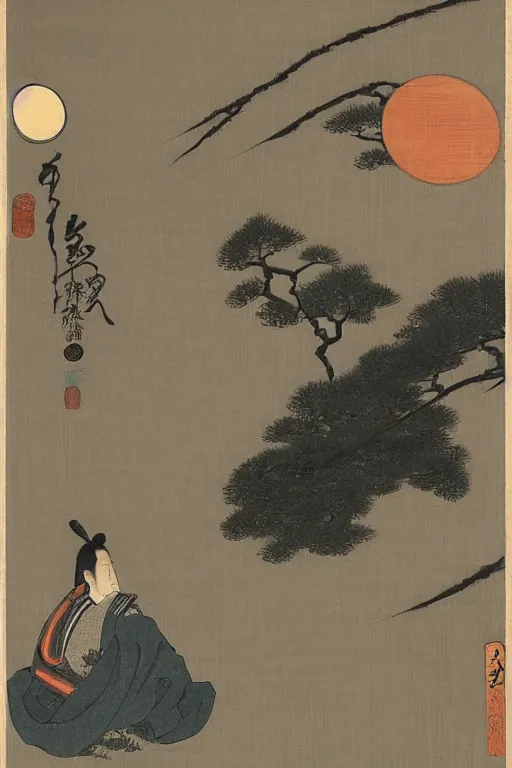 Image similar to a man gazing into the moon seeing far into the future, edo period, traditional japanese art style, reflection