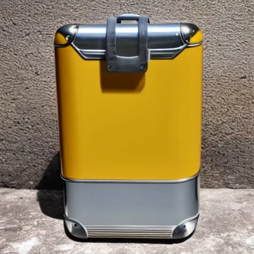 Prompt: yellow coffee mug made of rimowa aluminium suitcase, full of steaming coffee