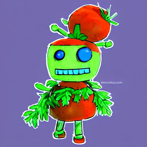 Image similar to cute robot made of plants with big tomato hat and a carrot sword, made in abyss style