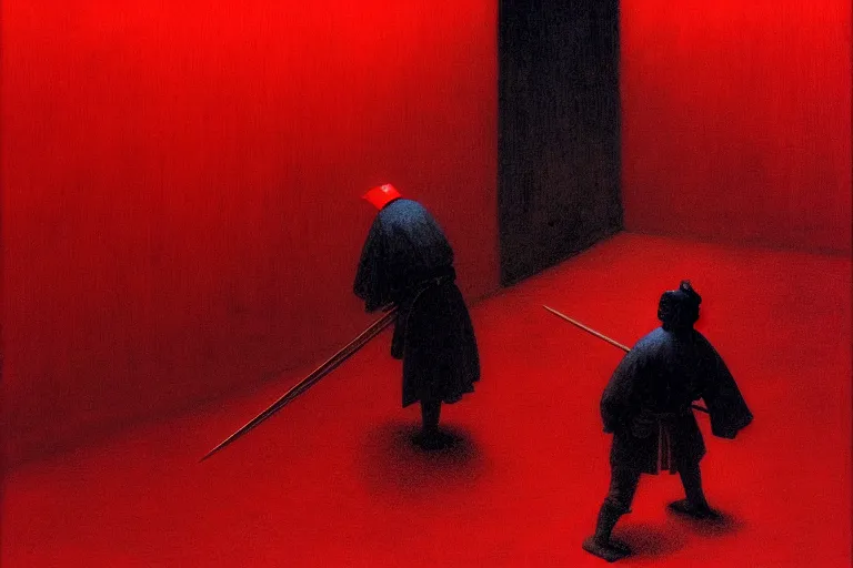 Image similar to only with red, a red samurai do seppuku, tokio, a lot of frogs watch, in the style of beksinski, parts by edward hopper, parts by rodcenko, parts by yue minjun, intricate and epic composition, red by caravaggio, insanely quality, highly detailed, masterpiece, red light, artstation, 4 k