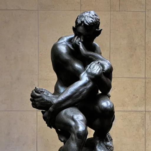 Prompt: thinker by rodin with iphone in hand