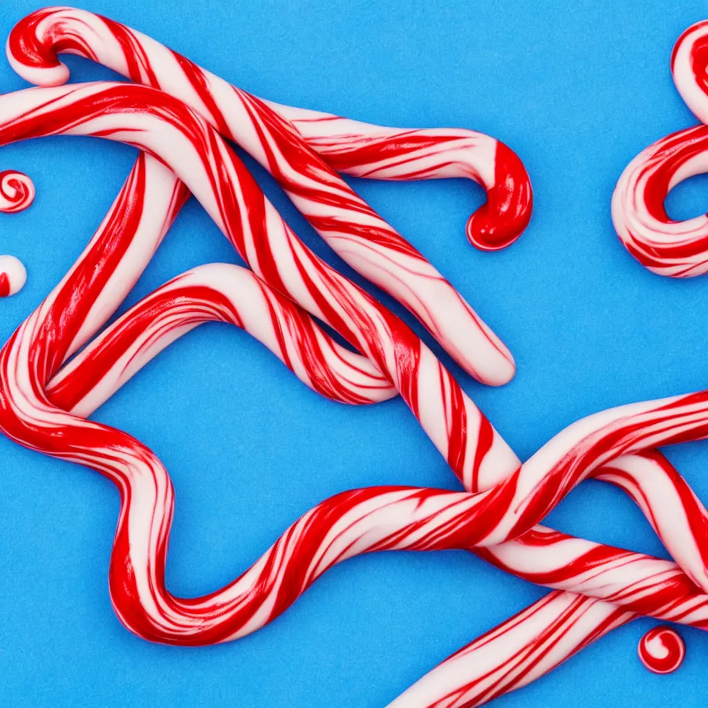 Prompt: close - up view of candy cane on light blue background, 8 k, high detail, photorealistic, proper shading