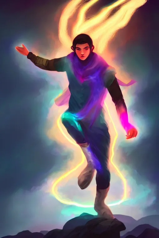 Image similar to a human elemental sorcerer, mountainous setting, colorful magic effects, male, white skin, portrait, young, sharp focus, concept art, illustration, dynamic lighting, by emylie boivin