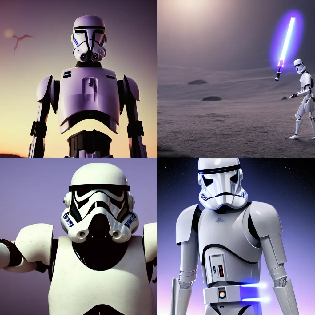 Prompt: A star wars B1 Battle Droid that is painted White with a Purple arrow painted on its head and chest. 8k wallpaper, lensflare, 8K, cinematic