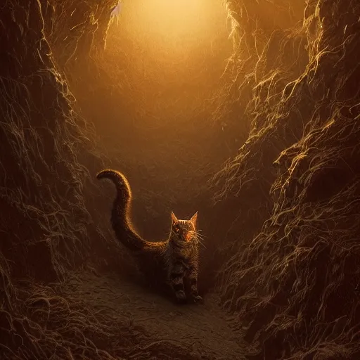 Image similar to photorealistic demonic cat in the style of michael whelan and gustave dore. hyperdetailed photorealism by greg rutkowski. 1 0 8 megapixels, 3 d finalrender, cinematic lighting