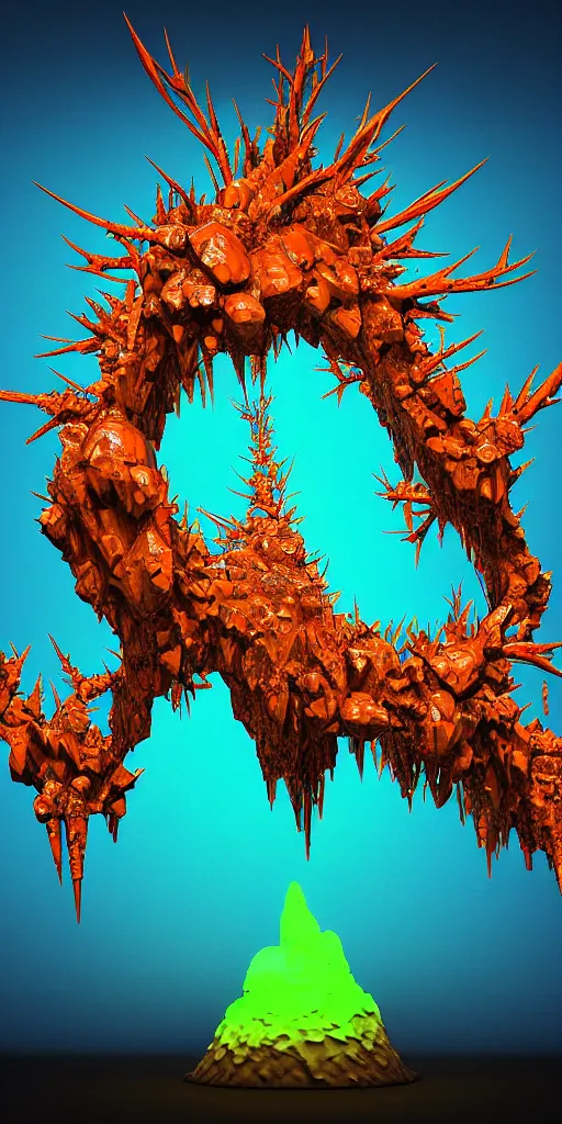 Image similar to 3 d photographic render of a deconstructed blue torii mandelbulb sculpture, orange bioluminescent chrometype, made of liquid metal, neotribal with thorns and green thunders, cyberpunk japanese temple, raytraced, hyper realistic, volumetric lightning, 8 k, by zhelong xu, ouchh and and innate studio