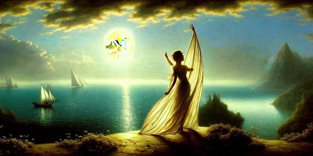 Image similar to an elegant fairy queen in a blue lace dress dancing looking out at a lord of the rings scenery landscape, staring across the sea at a large white timber sail ship, evening, god's rays highly detailed, vivid colour, soft clouds, full moon, cinematic lighting, perfect composition, gustave dore, derek zabrocki, greg rutkowski, belsinski