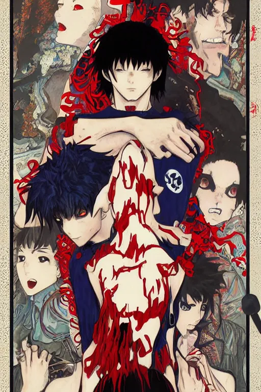 Image similar to professionally drawn shonen mature horror mystery action manga comic cover, beautifully drawn museum portrait coherent professional, drawn by ilya kuvshinov, gustav klimt, peter mohrbacher, alphonse mucha and tsutomu nihei. text kanji hiragana on the cover. simplistic minimalist stylized cover art. red & black & blue full color.