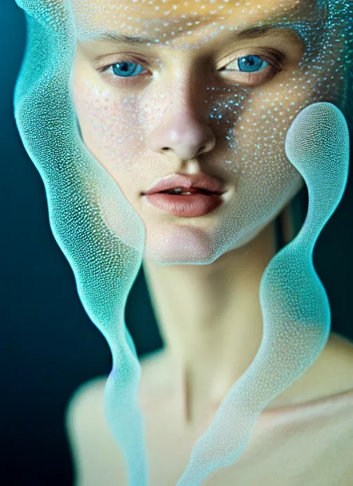 Prompt: Kodak Portra 400, 8K, soft light, volumetric lighting, highly detailed, britt marling style 3/4 , portrait photography of a beautiful woman by Giovanni Gastel, face merging with jellyfishes, symbolic metamorphosis complex 3d render , 150 mm lens, art nouveau fashion embroidered,bust with intricate underwaters details, elegant, hyper realistic, ultra detailed, octane render, underwater soft colours, emotionally evoking, head in focus, fantasy, elegant, soft light, volumetric lighting, highly detailed, Refined, Highly Detailed, soft pastel lighting colors scheme, fine art photography, Hyper realistic, photo realistic