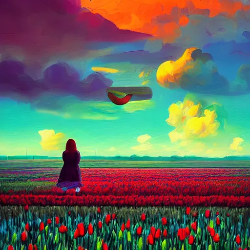 Image similar to girl with singular giant tulip as a head, surreal photography, flower field, sunset dramatic light, impressionist painting, colorful clouds, blue sky, digital painting, artstation, simon stalenhag