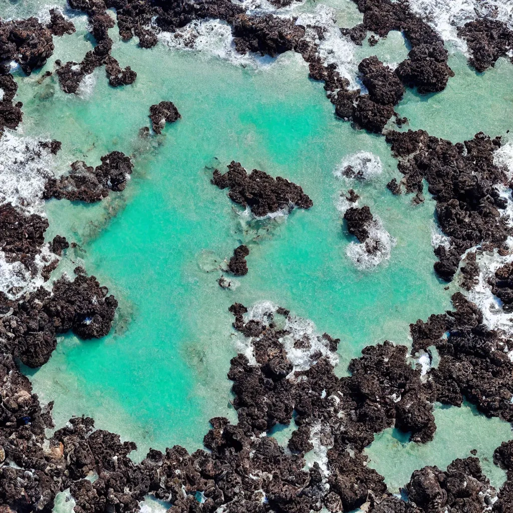 Image similar to birds eye view tide pools, clear pools of water with swirling sea foam, dark black smooth obsidian boulders, floating kelp, small fishes, octopus