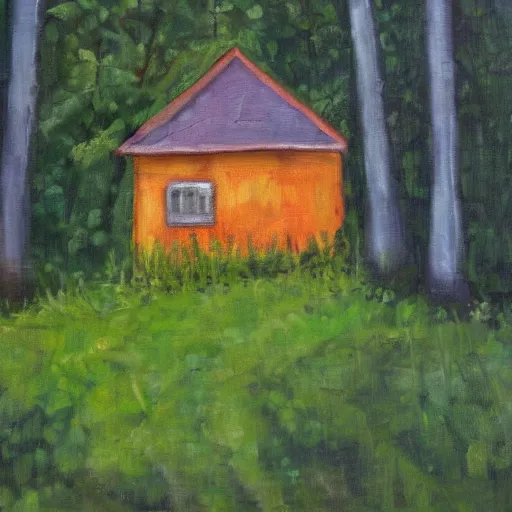 Image similar to oil painting of a small house in the middle of a forest