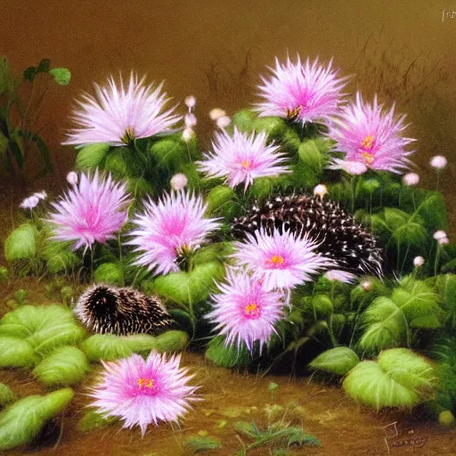 Image similar to masterpeice painting of baby hedgehogs sleeping in flowers by james gurney