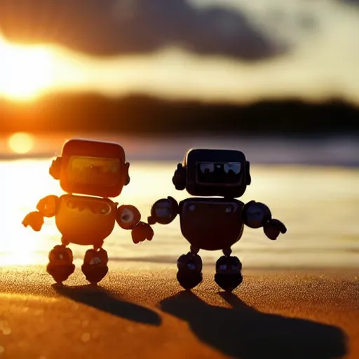 Prompt: cute tiny robots holding hands taking a stroll on the beach golden hour with lots of cute hearts floating in the air at sunset