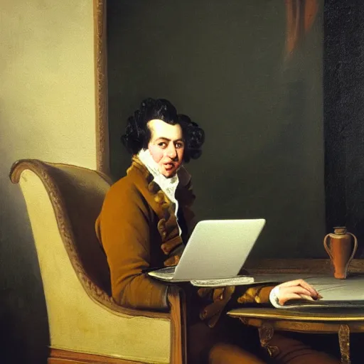 Prompt: oil painting of an 1 8 th century french aristocrat sitting on a couch using a mac laptop,