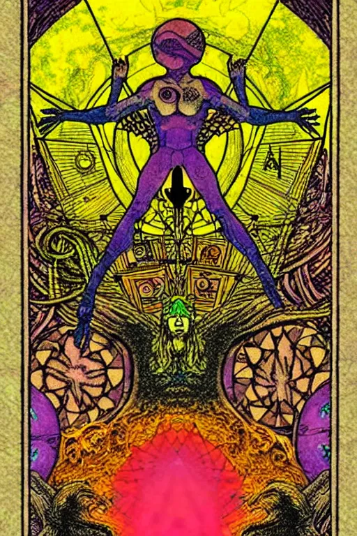 Image similar to a tarot card that reads lsd is good, psychedelic, old, paper texture, da vinci code, geometry, mushrooms