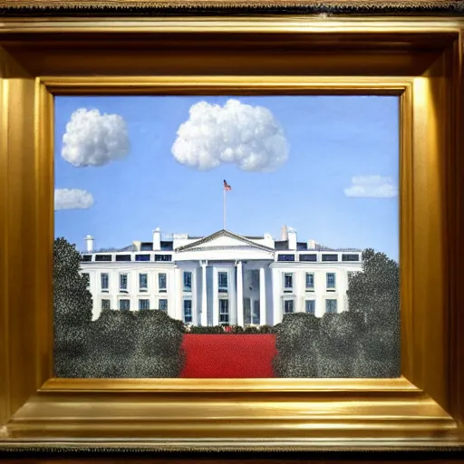 Image similar to painting of the white house by rene magritte, hd, 4 k, detailed, award winning