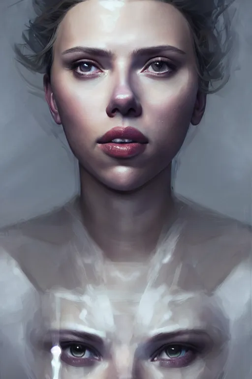 Prompt: a fancy portrait of a Scarlett Johansson as half human half robot by Greg Rutkowski, Sung Choi, Mitchell Mohrhauser, Maciej Kuciara, Johnson Ting, Maxim Verehin, Peter Konig, final fantasy , mythical, 8k photorealistic, cinematic lighting, HD, high details, atmospheric,