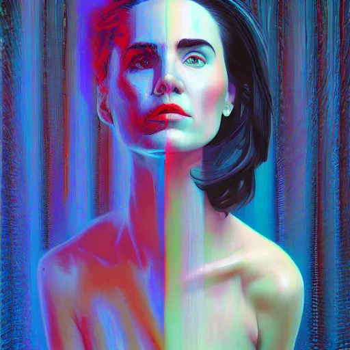 Prompt: Fractal digital glitch portrait of Jennifer Connelly, very coherent, painted by Edward Hopper, Wayne Barlowe, painted by James Gilleard, airbrush, art by JamesJean