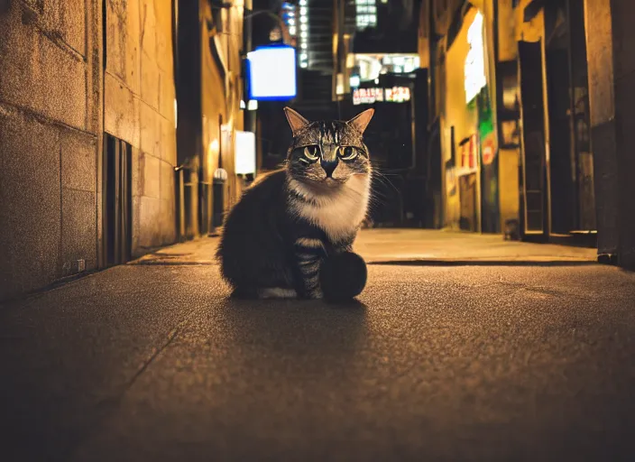 Image similar to photography of a Cat sitting on a box. in a cyberpunk street, award winning photo, led lighting, night, 24mm, sharp, high res