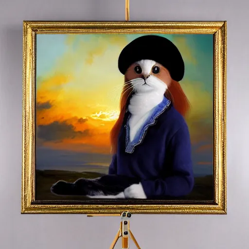 Image similar to oil painting portrait of a beautiful seal bicolor ragdoll cat wearing an artist smock and beret holding a paint palette with easel in front of the cat, sunset background, digital art, concept art, highly detailed, 3-D 4k, trending on art station, Mark Brooks,