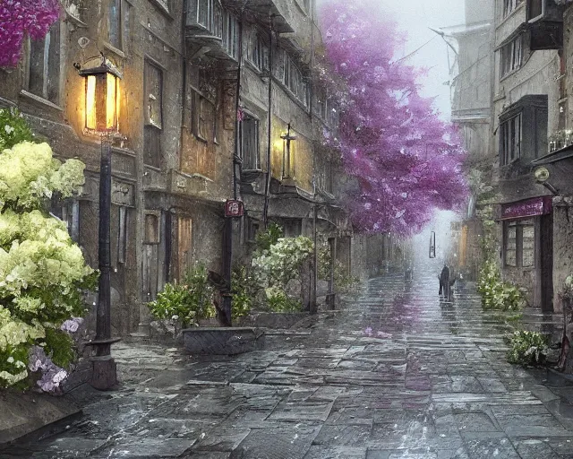 Prompt: a street in game of thrones under rain of flowers artstation