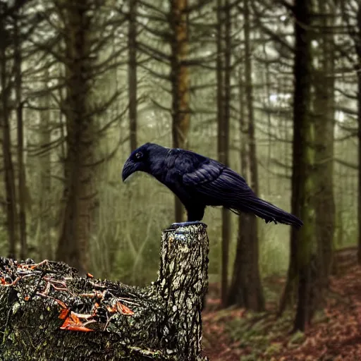 Image similar to mixture between an! crow and wolf, photograph captured in a dark forest, realistic