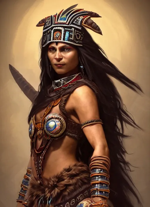 Image similar to portrait of an athletic aztec woman shaman as a diablo 3 character, looking at camera, D&D, alchemy master, long dark hair, intricate, elegant, stylish, cute smile, fantasy, extremely detailed, digital painting, artstation, concept art, smooth, sharp focus, illustration, ambient lighting, art by artgerm and greg rutkowski and alphonse mucha and simon stalenhag