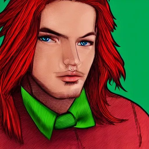 Image similar to professional digital art of a stylish young man with red hair and green cat - like eyes, popular, famous, attractive, high quality, highly detailed, hd, 4 k, 8 k,