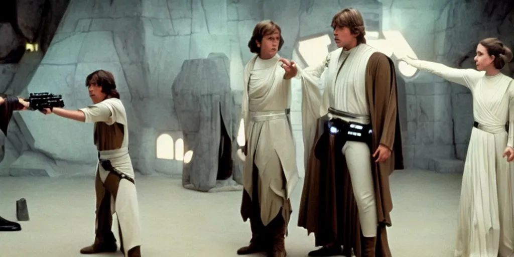 Image similar to screenshot of Luke Skywalker teaching Princess Leia the force, the two people are in a lost jedi Temple, 1970s sci fi film by Stanely Kubrick film, color kodak, Ektachrome, anamorphic lenses, detailed faces, hyper-realistic, photoreal, detailed portrait, moody cinematography, strange lighting